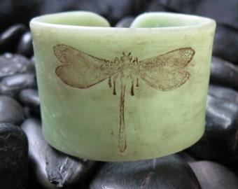 Cuff Bracelet, Antiqued Jade Style Green Dragonfly, Handmade Cuffs by theshagbag on Etsy, PLEASE READ  DESCRIPTION!