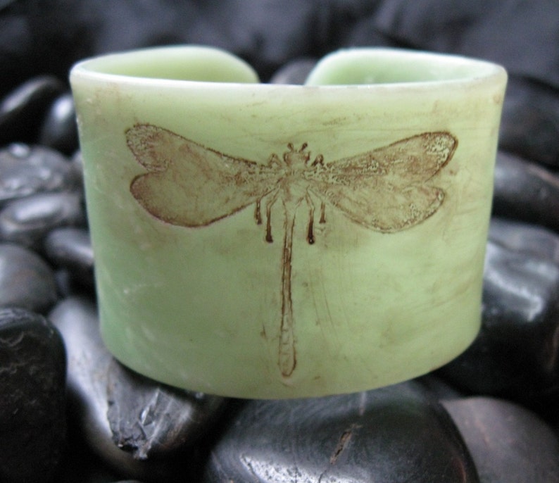 Cuff Bracelet, Antiqued Jade Style Green Dragonfly, Handmade Cuffs by theshagbag on Etsy, PLEASE READ DESCRIPTION image 1