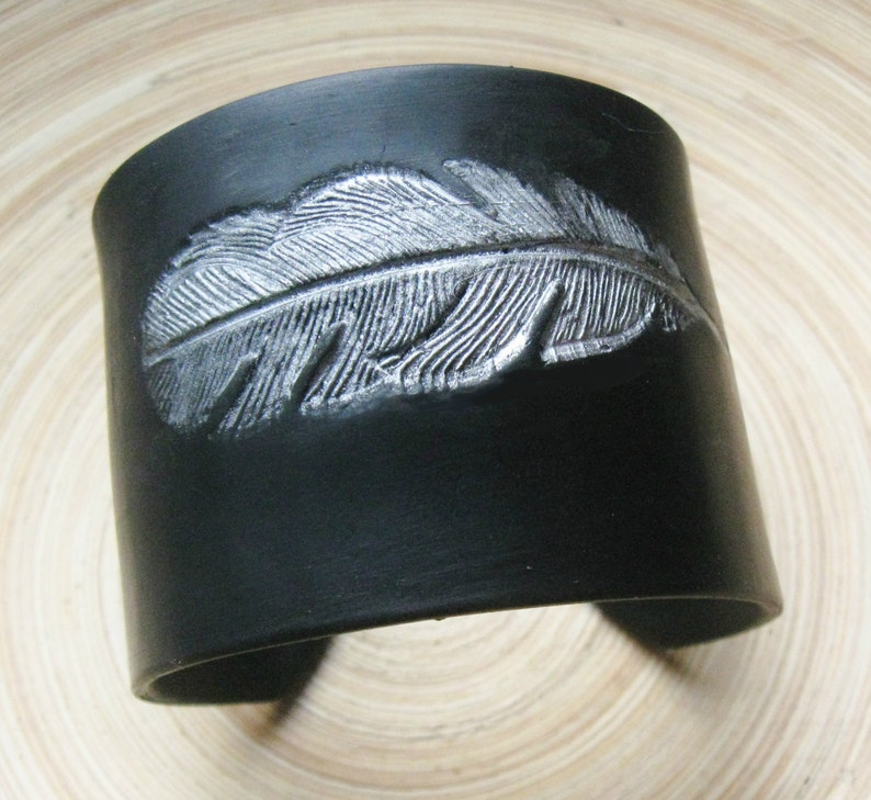 Black Cuff Bracelet, Silver Feather Design, Polymer Clay Jewelry by theshagbag on Etsy, PLEASE READ DESCRIPTION image 2