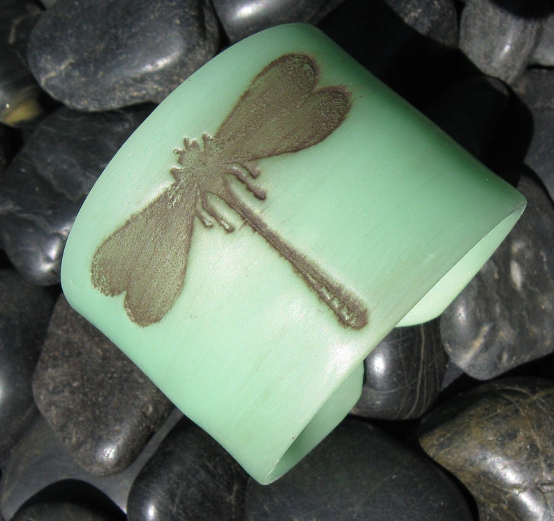 Cuff Bracelet, Antiqued Jade Style Green Dragonfly, Handmade Cuffs by theshagbag on Etsy, PLEASE READ DESCRIPTION image 3