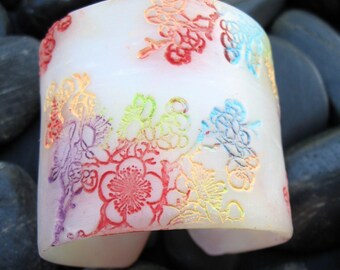 Cuff Bracelet in Milky White Translucent, Rainbow Asian Floral Design by theshagbag on Etsy, PLEASE READ  DESCRIPTION!