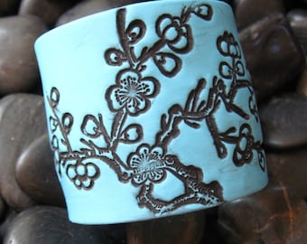 Turquoise Blue Cuff Bracelet Black Cherry Blossom Design by theshagbag on Etsy, PLEASE READ  DESCRIPTION!