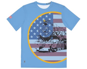 Camiseta azul con la locomotora de vapor patriótica del ferrocarril de Pensilvania número 1361