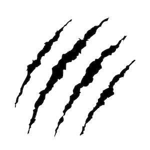 May include: Black claw marks on a white background. The marks are jagged and uneven, suggesting a powerful animal.