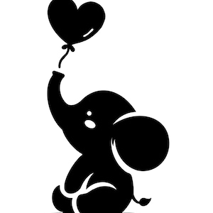 May include: A black silhouette of a baby elephant sitting, holding a heart-shaped balloon. The elephant has large ears and a small tail. The balloon is black and has a curved shape.
