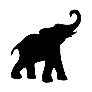 May include: A black silhouette of an elephant with its trunk raised. The elephant is shown in profile, with its legs and ears clearly defined against a white background. The design is simple and bold.