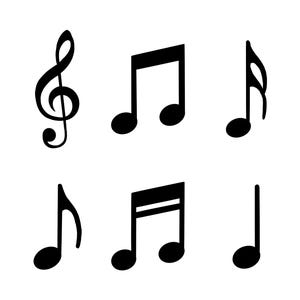 Peut inclure: Plusieurs symboles musicaux noirs sur fond blanc. L'image présente une clé de sol, des noires, des croches et une blanche. Les symboles sont noirs et clairement définis, représentant des éléments de notation musicale.