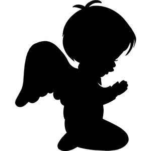 Puede incluir: Silueta negra de un ángel arrodillado con alas, una figura infantil con el pelo corto y las manos juntas en oración.