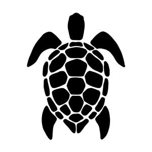 May include: Black silhouette of a sea turtle with a detailed shell pattern.
