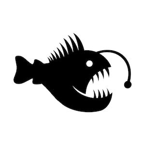以下が含まれることがあります： 白い背景に、深海魚であるアンコウの黒いシルエット。 魚は、鋭い歯を持つ大きな口、背びれ、および生物発光ルアーを備えています。