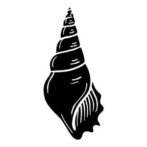May include: A black and white illustration of a seashell. The shell is a dark solid black, with a spiral shape and a textured surface. The background is plain white.