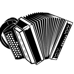 May include: A black and white illustration of a concertina, a type of musical instrument with a bellows and keys.