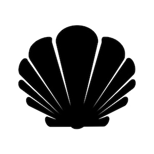 May include: A black seashell silhouette on a white background. The shell is fan-shaped, with a large central section and multiple radiating segments. The design is simple and graphic.