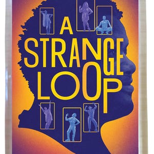 May include: A rectangular magnet featuring a purple silhouette of a head against a yellow and orange gradient background. The text A STRANGE LOOP is printed in large yellow letters. Six small rectangular frames contain blue figures in various poses.