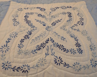 Blue Floral Ombre Embroidery Block Quilt Twin Size -NEW-