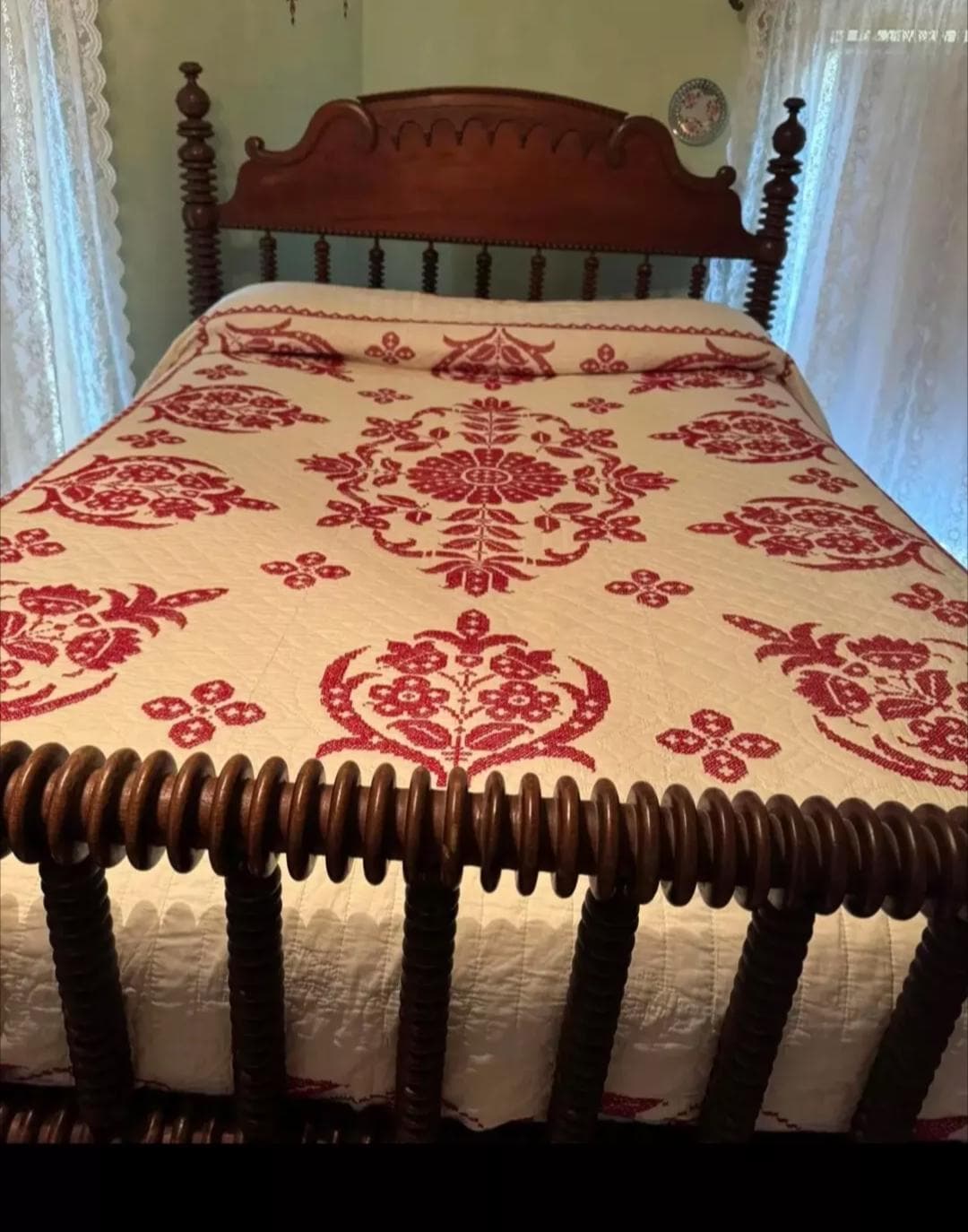 Amazing Antique Handmade Red Work Embroidery Quilt. Early 20th Century. Queen Sz.