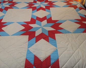 Vintage Handmade Star Patchwork Quilt - Full Size- Red White Blue- Rolling Stars