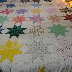 Vintage Handmade 8 Point Star Patchwork Quilt - Full Size - Great Vintage and Antique Fabric