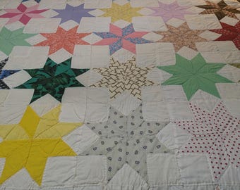 Vintage Handmade 8 Point Star Patchwork Quilt - Full Size - Great Vintage and Antique Fabric