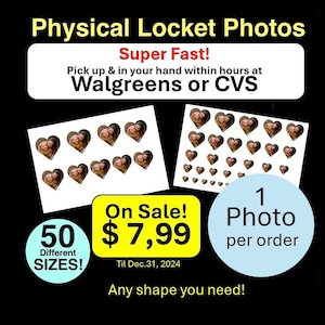 Physical Locket Photos - 50 different sizes. -Pick up at Walgreens within hours (You pay 84 cents in store) - Locket photo prints Oval Heart