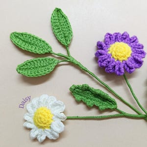May include: Crocheted flowers with green leaves and stems. The flowers are white with a yellow centre and purple with a yellow centre. The word "Daisy" is written in purple on the bottom left of the image.