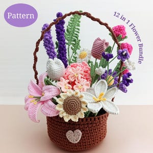 12in1 かぎ針編みの花のパターン バンドル | DIY 手作りクラフト プロジェクト | 簡単なかぎ針編みの花のバスケットのパターン | かぎ針編みの花のパターン | PDF 英語