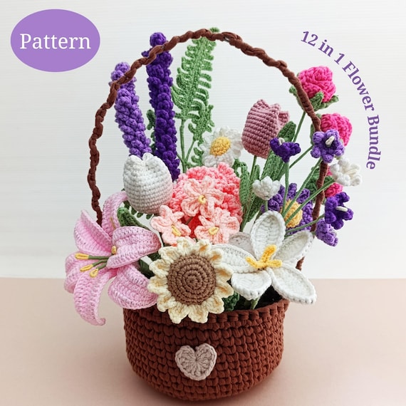 12in1 Crochet Flower Pattern Bundle | DIY Handmade Craft Project | Easy Crochet Flower Basket Pattern | Crochet Flower Pattern | PDF ENGLISH