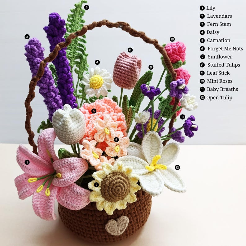 May include: A crocheted flower arrangement in a brown basket. The arrangement includes a variety of flowers, including lilies, lavenders, daisies, carnations, forget-me-nots, sunflowers, tulips, baby's breath, and mini roses.
