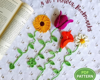 Patrón de mini marcapáginas de flores de crochet / Lirio, margarita, girasol, tulipán de crochet / Patrón de crochet fácil sin costura / Ideas sencillas de crochet / PDF en inglés