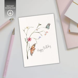 Cartão de aniversário para impressão digital Download Cartão de aniversário e envelope Cartão de aniversário com flores e borboletas para impressão em casa Cartão de aniversário Cartão floral