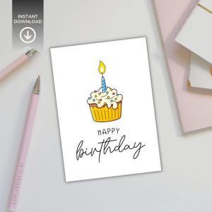 Printable Birthday Card Digital Download Birthday Card and Envelope Cupcake and Candle Birthday Card Print at Home Bday Card Children&#39;s Card