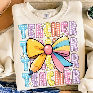 Coquette Teacher Png  Back to School Png  Teacher Appreciation Png  First Day of School Png  Bright Doodle Dots  Retro Teacher png