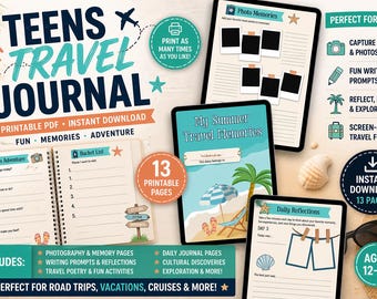 Afdrukbare pdf-bestand tienerreisverslag, 13 pagina's vakantie-activiteitenboek, roadtripjournaal voor tieners, geheugen- en schrijftips 12-18 jaar