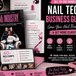May include: A bundle of resources for nail technicians, including a business guide, reel scripts, and marketing strategies. The cover of the main book features a woman in a chair. The bundle includes over 200 pages and 40+ reel scripts.