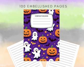 Cuaderno de composición imprimible de Halloween: fantasmas, calabazas, murciélagos, diario espeluznante con 10 diseños de páginas adornadas, descarga digital