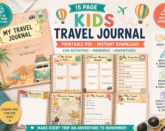 Kids Travel Journal Printable PDF, Vacation Activity Book for Kids, Road Trip Planner, Memory Book Ages 5-12