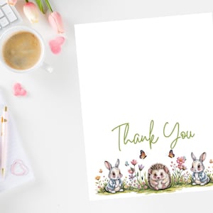 Carte de remerciement imprimable Woodland - Carte de jardin lapin et hérisson - PDF JPG 5 x 7 - Merci animal mignon printanier - Téléchargement immédiat
