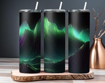 Aurora Borealis Tumbler Wrap PNG | Neon Mountain Landscape Sublimation | 20oz Skinny Tumbler Wrap | Fantasy Glow Tumbler Design