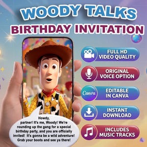 Pode incluir: Um convite de aniversário digital com Woody de Toy Story na tela de um smartphone. O texto diz WOODY TALKS BIRTHDAY INVITATION, com botões para Full HD Video Quality, Original Voice Option, Editable in Canva, Instant Download e Includes Music Tracks.