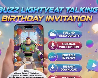 Convite em vídeo do Buzz Lightyear | Convite eletrônico de aniversário espacial | Modelo editável do Canva