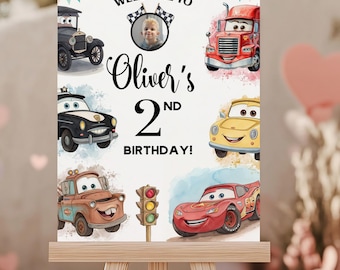 Cartel de bienvenida de cumpleaños de Cars editable, pancarta de Rayo McQueen