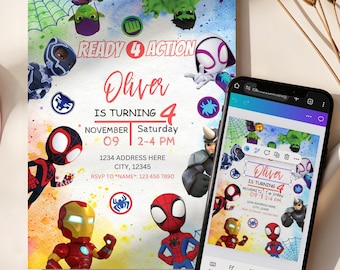 Spidey Birthday Invitation, Superhero 4th Birthday, Editable Template (Digital Download)