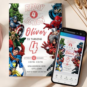 Peut inclure: Une invitation d'anniversaire sur le thème des super-héros. L'invitation indique "READY 4 ACTION Oliver IS TURNING 4" avec les détails de l'événement. Un smartphone affiche le même design. Le design utilise des couleurs rouge, bleu et vert.
