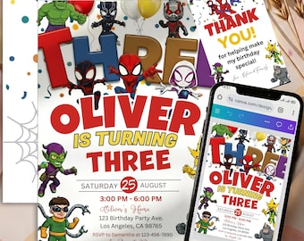 Spidey and Friends 3rd Birthday Invitation | Editable Canva Template