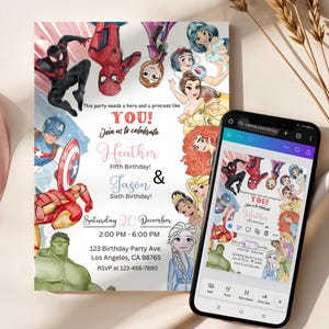 May include: A party invitation with watercolour illustrations of superheroes and Disney princesses. The invitation includes the text "YOU! Join us to celebrate Heather & Jason" with event details. A smartphone displays the same design.