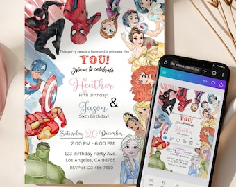 Superhero Princess Birthday Invitation, Joint Party, Editable Canva Template
