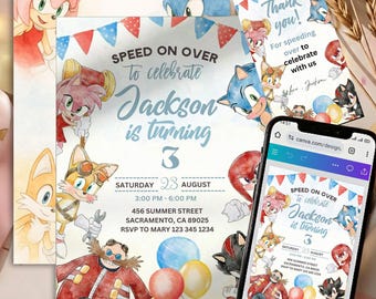 Editable Sonic Watercolor Birthday Invitation, Canva Template, Instant Download