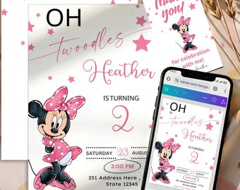 Invitación editable de cumpleaños de Oh Twodles / 2.º cumpleaños de Minnie Mouse / Invitación para fiesta de niña rosa