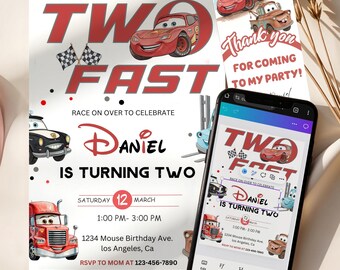 Editable Cars Birthday Party Invitation, Two fast invitation (Digital Download)