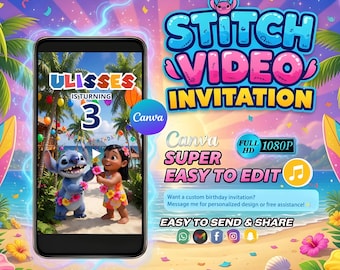 Stitch Birthday Video Invitation, Editable Canva Template, Digital Download Kids Party Invite